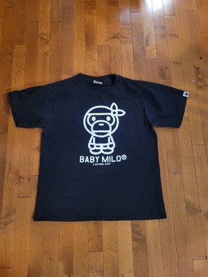 A Bathing Ape Baby Milo Black Graphic Logo T-Shirt Men's M Crew Neck Cotton