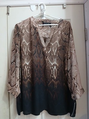 ZAC & RACHEL Woman Snake Print V-neck Blouse Ombre 1X Python Brown Plus Boho Nwt