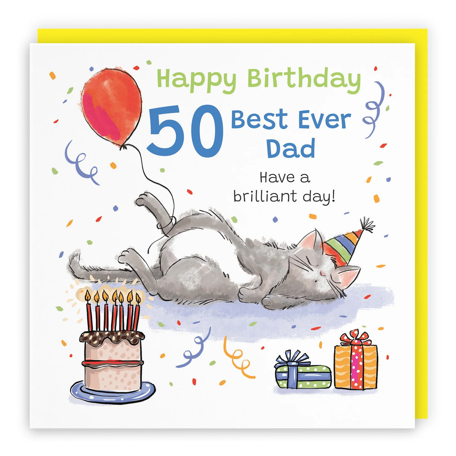 50th Dad Birthday Card Sleepy Cat Animal Party
