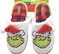 Grinch Ladies Christmas Slippers Size L 9/10 Buffalo Plaid Fuzzy Holiday New