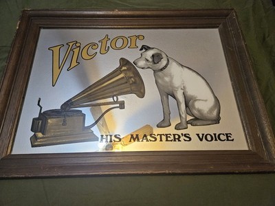 Vintage Victor His Master s Voice Dog Mirror Sign 28  x 20  Framed RCA Nipper