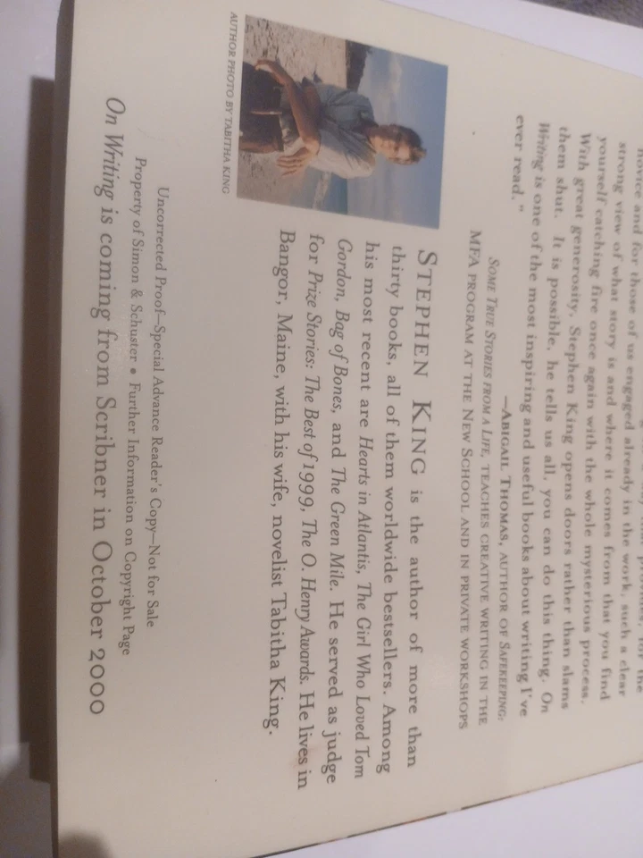 Stephen King On Writing, A Memoir of the Craft ARC Pre1st Edition 1st Print 2000 - Image 4 of 4