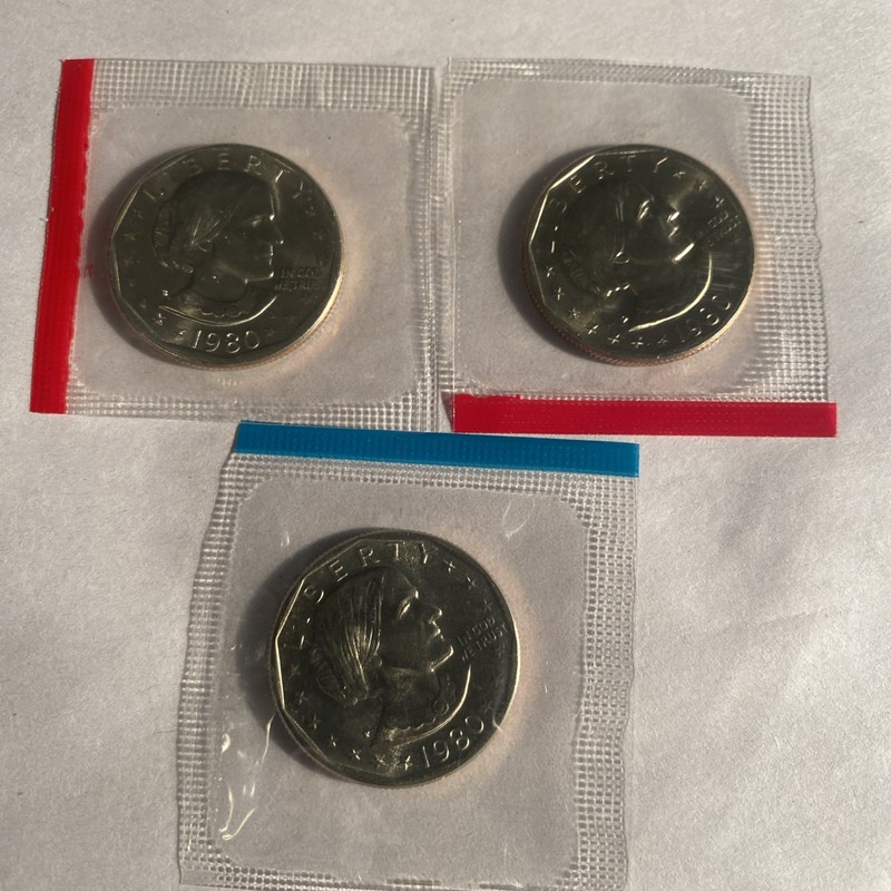 1980 P/D/S Susan B Anthony Dollars, UNC, 3-coin lot, in mint cello. 