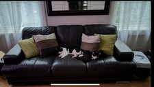 2 Identical 3 Seater Dark Brown/black Leather Sofas .. Good Condition For Sale