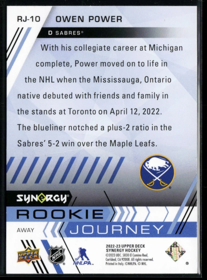 2022-23 Upper Deck Synergy Rookie Journey Away #RJ-10 Owen Power RC 179/699 - Image 2 of 2