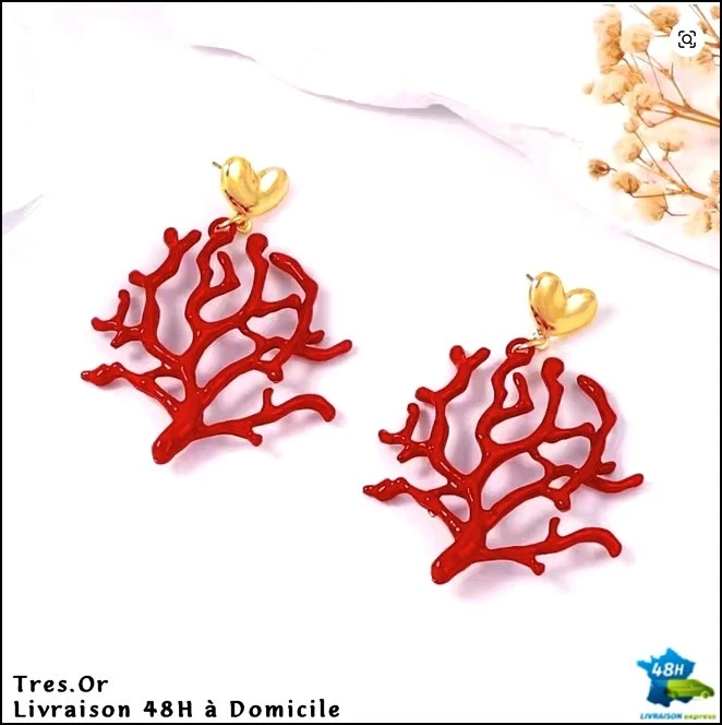 Boucles d'Oreille Corail Imitation de Qualité & Cœur Doré à l'Or Fin Livrées 48H - Photo 2/4