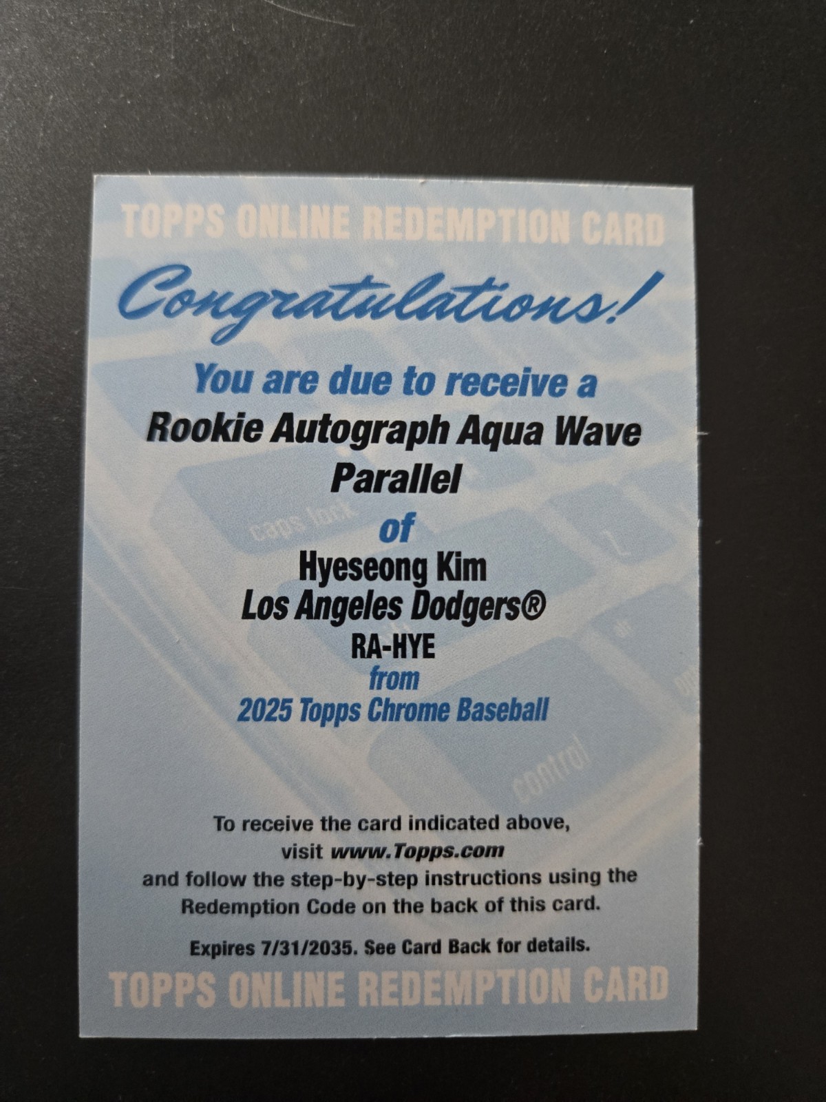 Hyeseong Kim 2025 Topps Chrome Aqua Wave Rookie Autograph Redemption/199