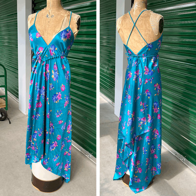 Baba Clothing Silk Floral Maxi Slip Dress Teal Resort Glam S