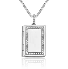 925 Sterling Silver CZ Book Photo Locket Necklace