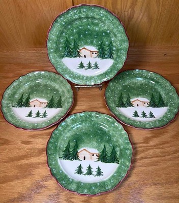 The Cellar Set of 4 Hand-Painted Log Cabin Winter Scene 10  Plates