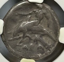 Calabria Taras AR Didrachm Horseman Taras on Dolphin NGC F