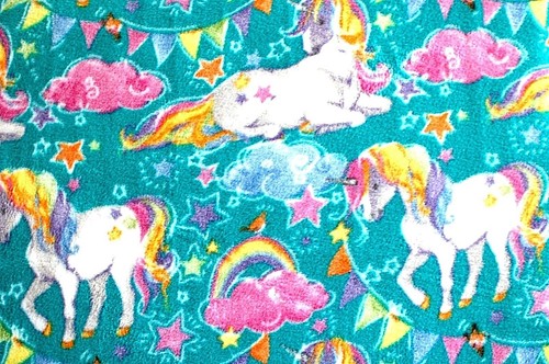 BTY*WHITE UNICORNS, PINK CLOUDS & RAINBOWS ON TEAL FLEECE FABRIC 1 YD 60X36" - Picture 2 of 4