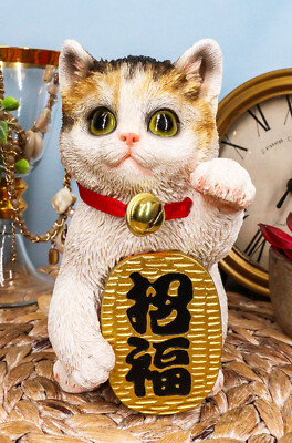 Japanese Luck And Fortune Charm Beckoning White Calico Cat Maneki