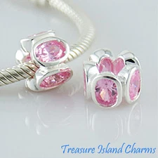 Solid 925 Sterling Silver European Spacer Bead Charm with Oval Light Pink CZ