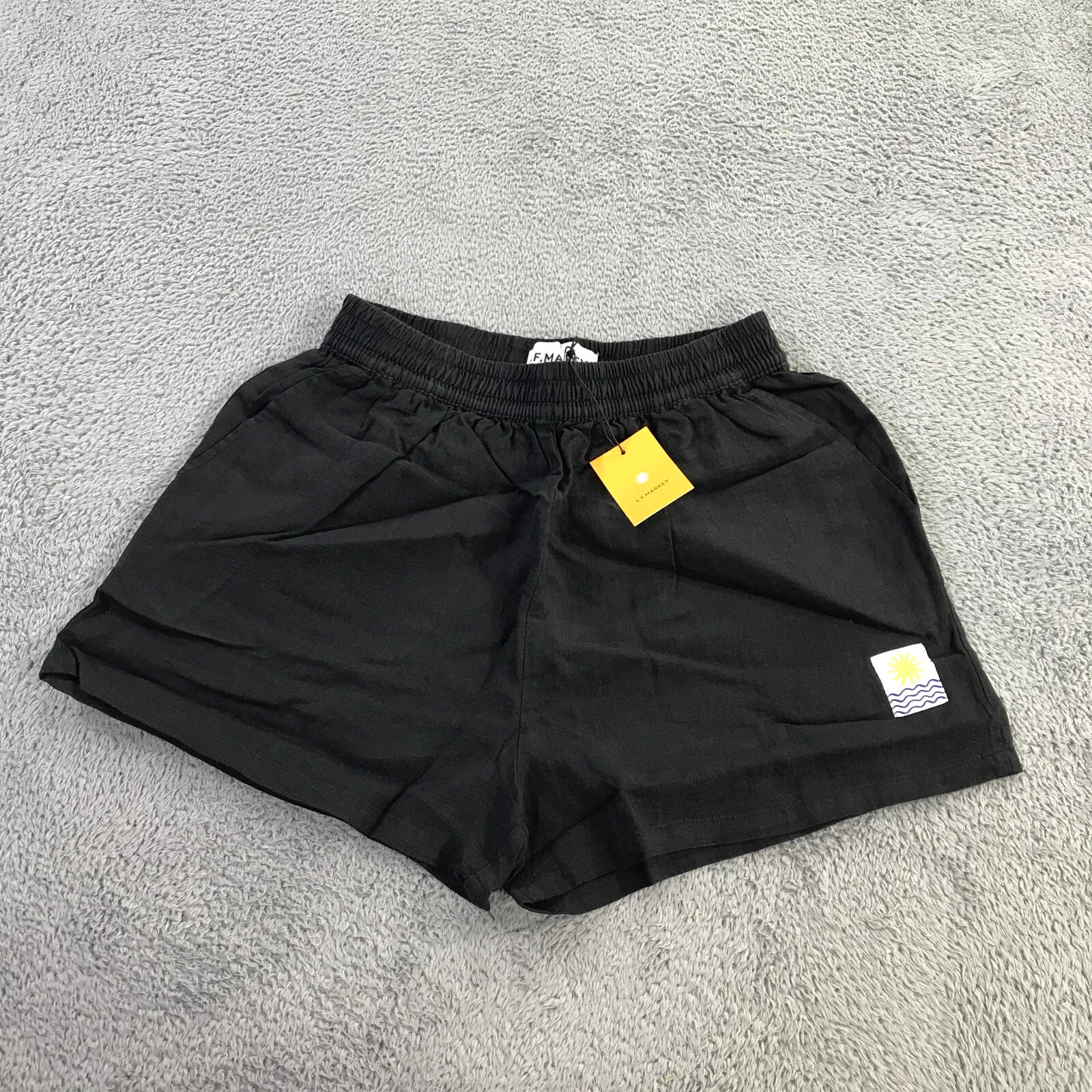 LF Markey Shorts Womens 8 US 100% Linen Black Shorts Sea & Sun Logo NWT