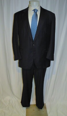 Dunhill Dark Navy Blue Striped Bespoke Flat Front Two Button Suit 44L