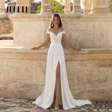 Chiffon Boho Bride Gowns A-Line Wedding Dress Side Slit Lace Beach Long