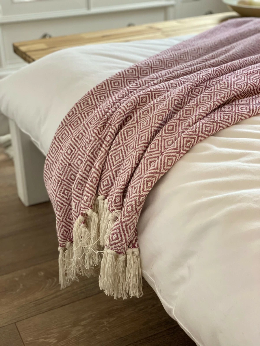 Luxury ECO Cotton Pink Abstract Geometric Large Sofa Bed Throw Blanket Fringed