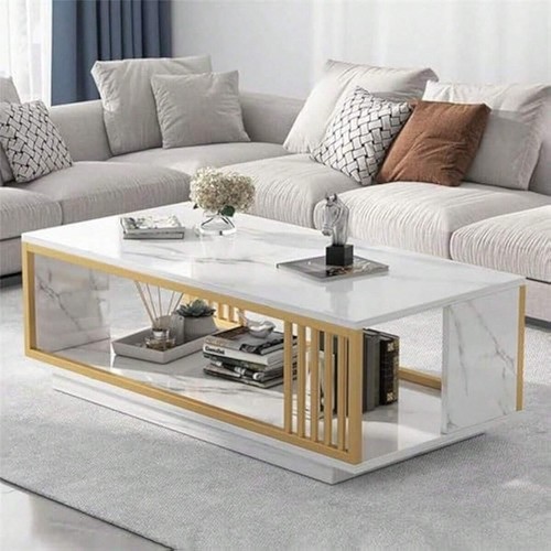 White Marble Coffee Table, 2-Tier Modern Living Room Storage, Christmas Gift