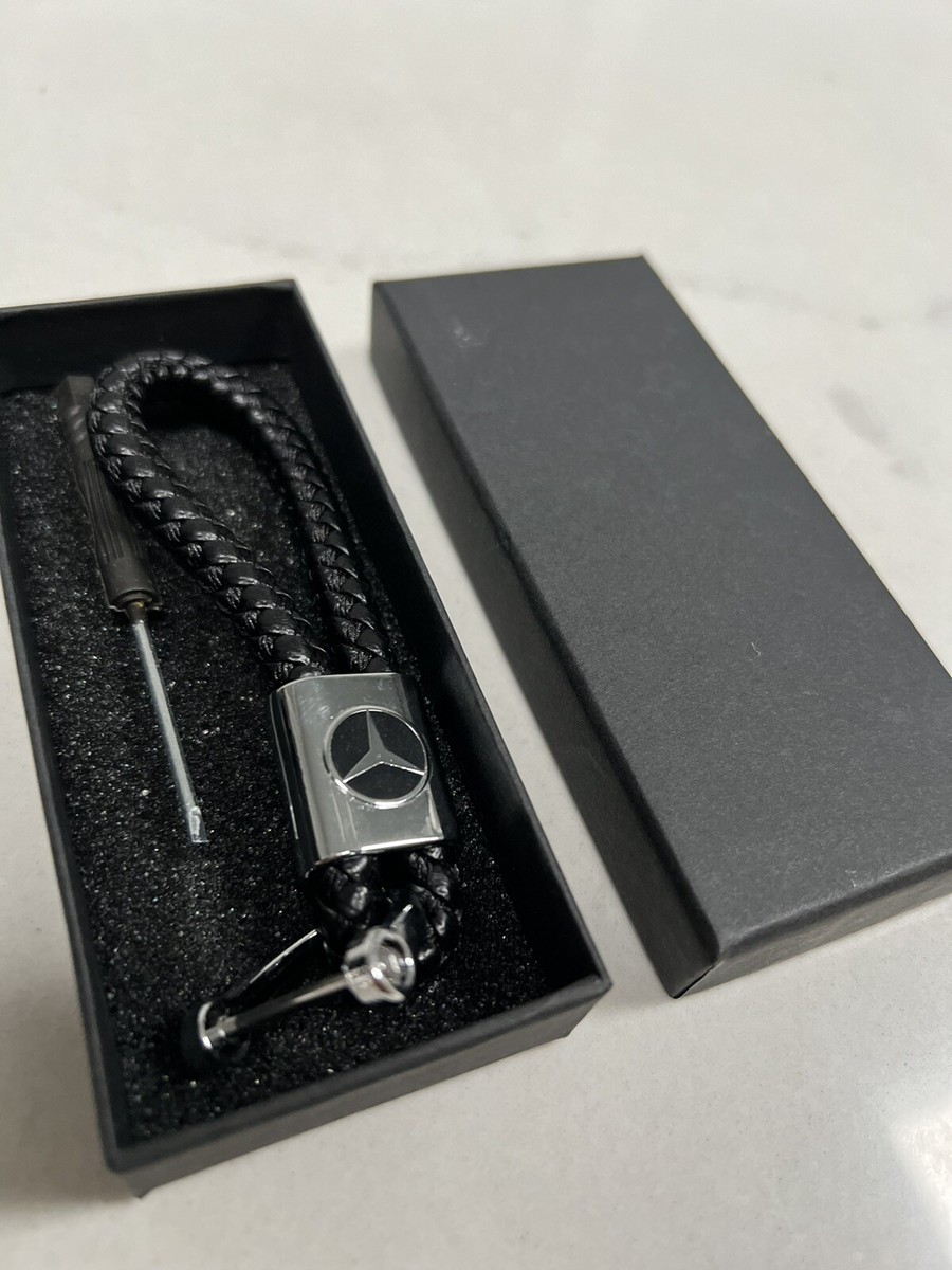 Mercedes-Benz Luxury Braided Leather Keyring - Black, Detachable, Gift Box (UK)