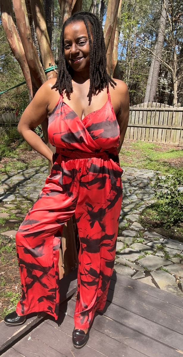 Vince Camuto Red Black Satin Jumpsuit Size L UK