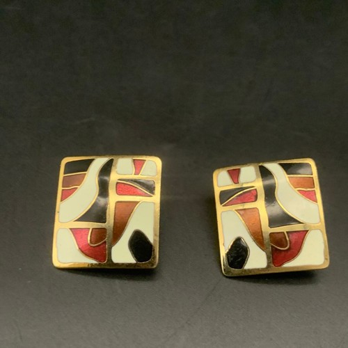 Vintage Modernist Abstract Enamel Square Gold Tone Clip On Earrings White Red - Picture 2 of 7