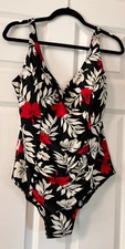 Wave Zone ~ One Piece ~ Black Red Hawaii Floral ~ Bathing Swimsuit ~ Size 18