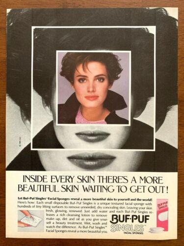 Esponjas faciales Buf-Puf 1985 estampado vintage anuncio/póster cuidado de la piel cosméticos decoración  - Imagen 1 de 2