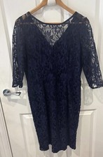 BHS Navy Blue Dress UK 16 Crochet Lace 3/4 Sleeved Lined Evening Occasion (S8)