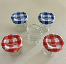 Lot of 5 Mini Bonne Maman Jars / 2 Red 2 Blue Covers / 1 No Cover