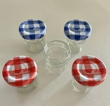 Lot of 5 Mini Bonne Maman Jars / 2 Red 2 Blue Covers / 1 No Cover
