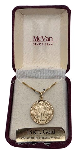 SAINT BENEDICT 18k Gold over Sterling Medal Pendant Necklace - Picture 2 of 4