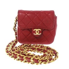 Auth CHANEL Mini Matelasse Red Lambskin Women's Shoulder Bag Gold hardware