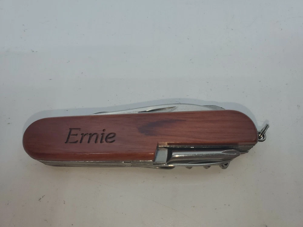 Multi-tool Pocket Knife Ernie Kansas Buffalo Engraved  On Wood  Handle