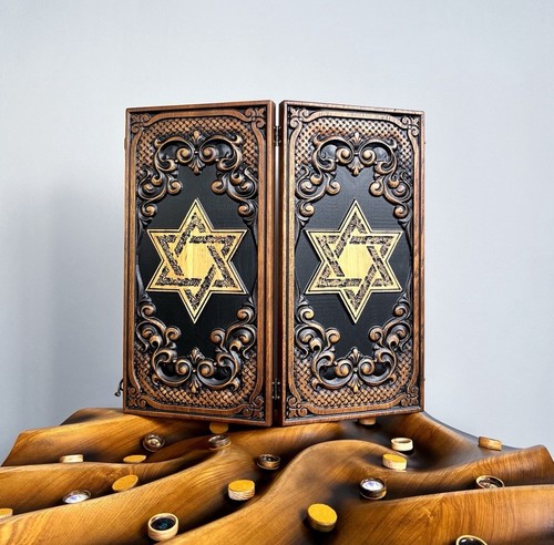 Handcrafted Wooden Backgammon Set - Carved "Star of David"