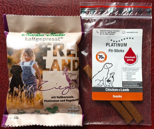 2x Hundefutter: Markus-Mühle, Ziege, 80 g und Platinum Sticks, Proben, NEU !