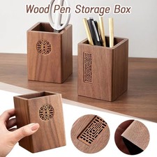 Retro Wooden Pens Holder Desktop Organizer with Engraving Office Storages Box