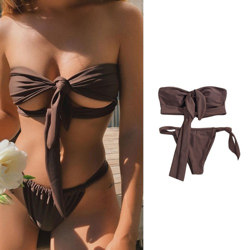 Women Sexy 2pcs Bikini Set Hollow Out Strapless Tie Knot Swimsuit Bathing Suit - Picture 7 of 10