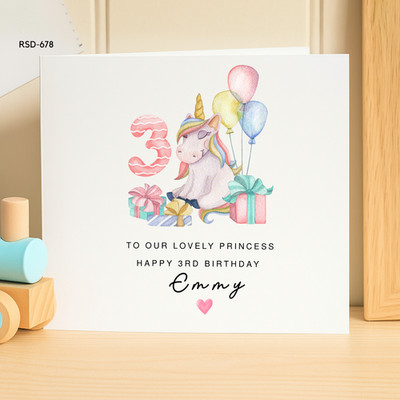 Karte 3. Geburtstag für Mädchen, personalisiert Einhorn Prinzessin Design Emmy Name Geschenk