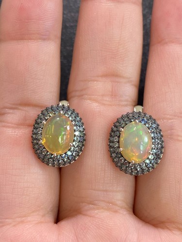 NATURAL FIRE OPAL 9X7 SAPPHIRE DIAMOND CUT STERLING SILVER 925 RING EARRING - 第 4/13 張圖片