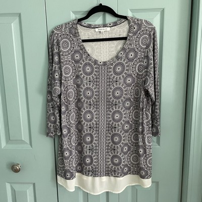 Rose And Olive Womens Boho Mandala Blouse Top 1X 3/4 Sleeve Flowy Career