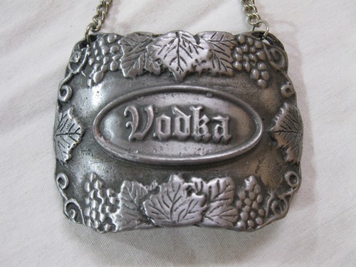 Bacchus Pewter VODKA Bottle Decanter Hanging Tag Label Chain USA VTG Unsigned