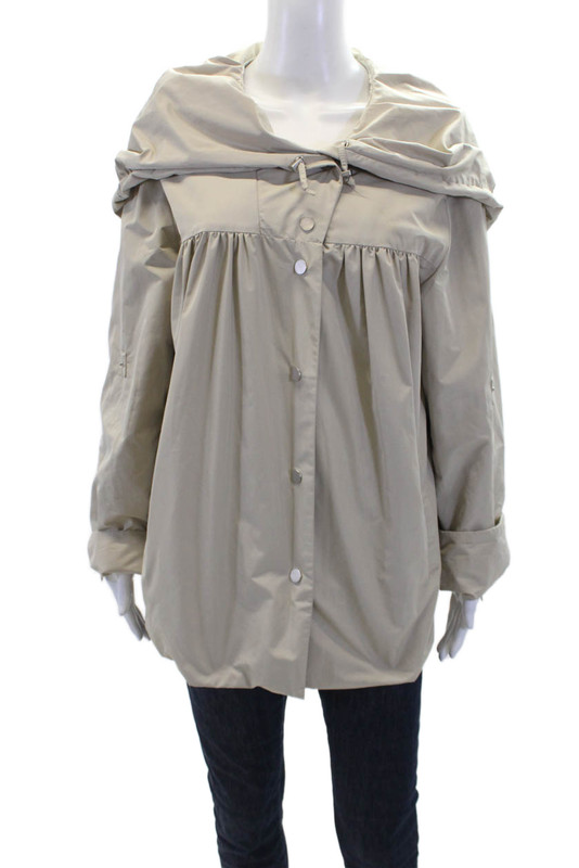 Hilary Radley Womens Hooded Silver Tone Button Down Jacket Khaki Beige Size 12