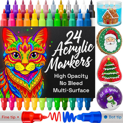 24 Acrylic Paint Markers for Rock, Fabric, Wood, Glass, Craft, Decoration - D...