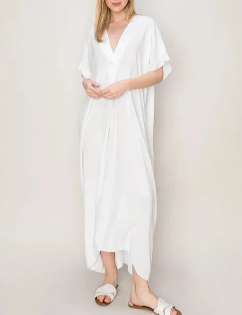 HYFVE Long White Kaftan Summer Beach Short Sleeve V-neck Cover Up Dress (Small)