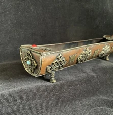 9” Vintage Nepal Tibetan Incense Stick Burner Copper Brass Cabochons