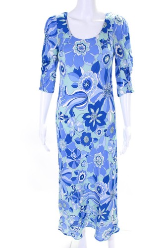 Rixo Womens Blue Floral Print Scoop Neck Short Sleeve A-Line Dress Size XS