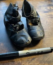 Antique Victorian Black Leather Strapped Button Up Baby Shoes Warn Patina