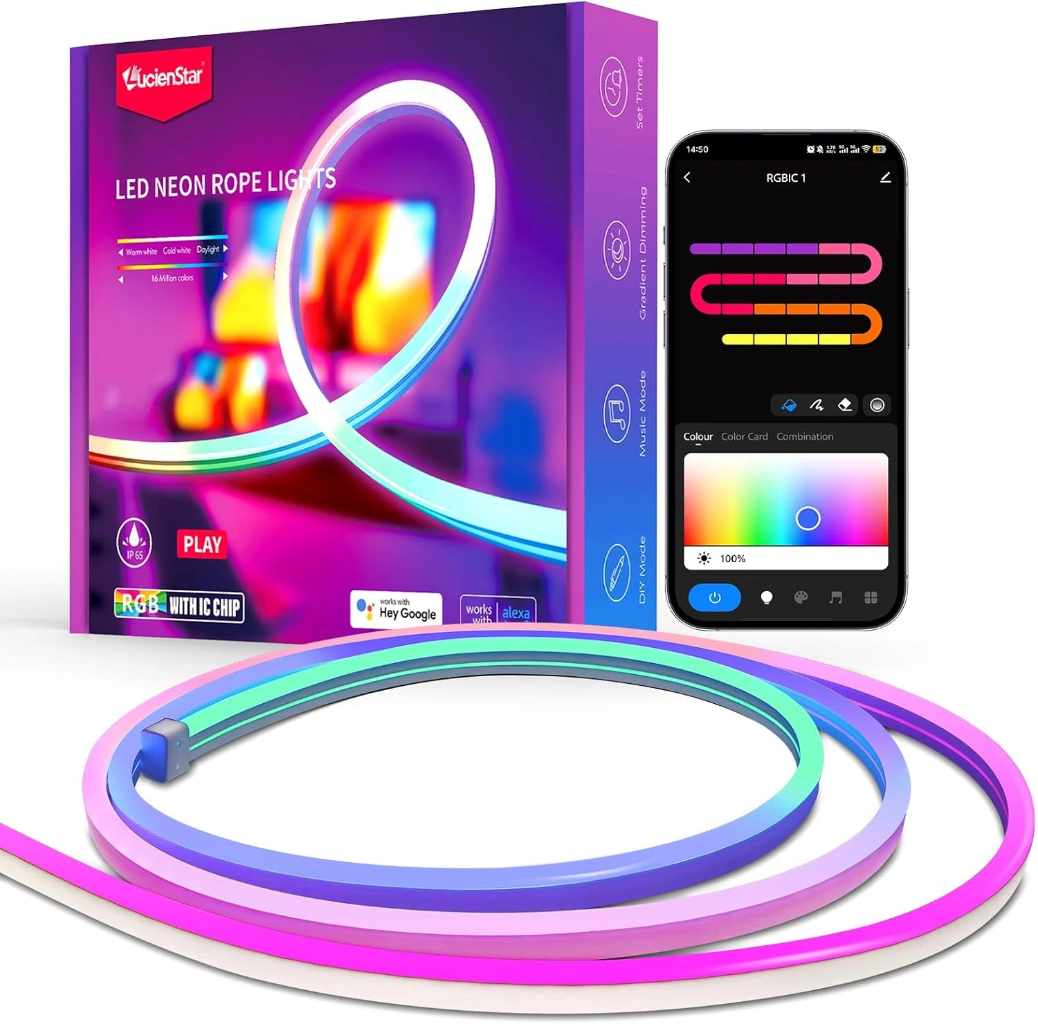 Smart RGB+IC Neon Rope Lights, 16.4ft Music Sync LED Strip for Home Decor