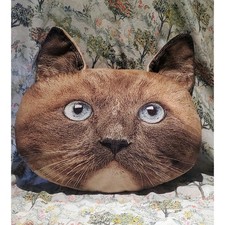 PLUSH Pillow Unbranded Dark Brown Cat Head Blue-Gray Eyes 14 X 10 Inches